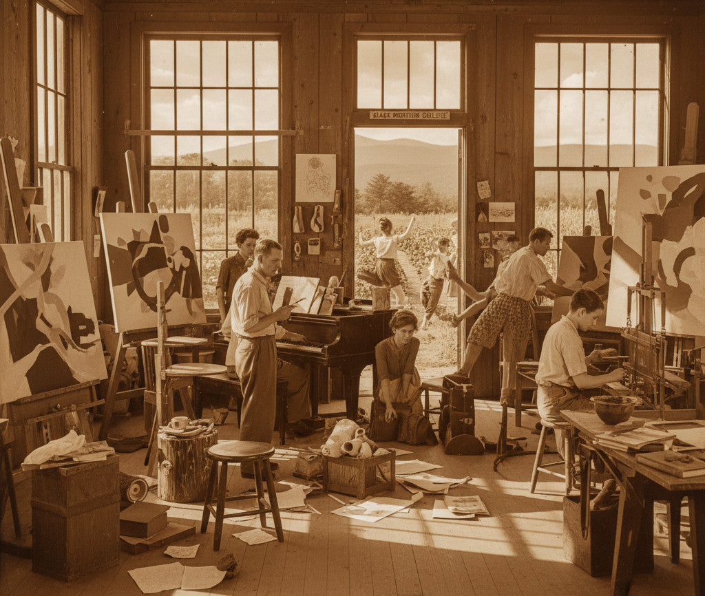 Sepia-toned image of an art studio at Black Mountain College with students and faculty painting, making music, and dancing.