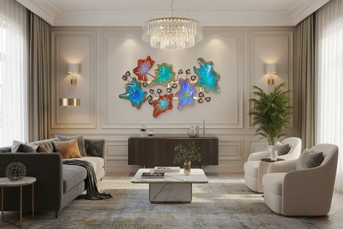 Luxurious living room featuring a sectional sofa, a white marble coffee table, and an ornate crystal chandelier. Above a dark credenza is a distinctive custom wall art piece by Marc Staples.