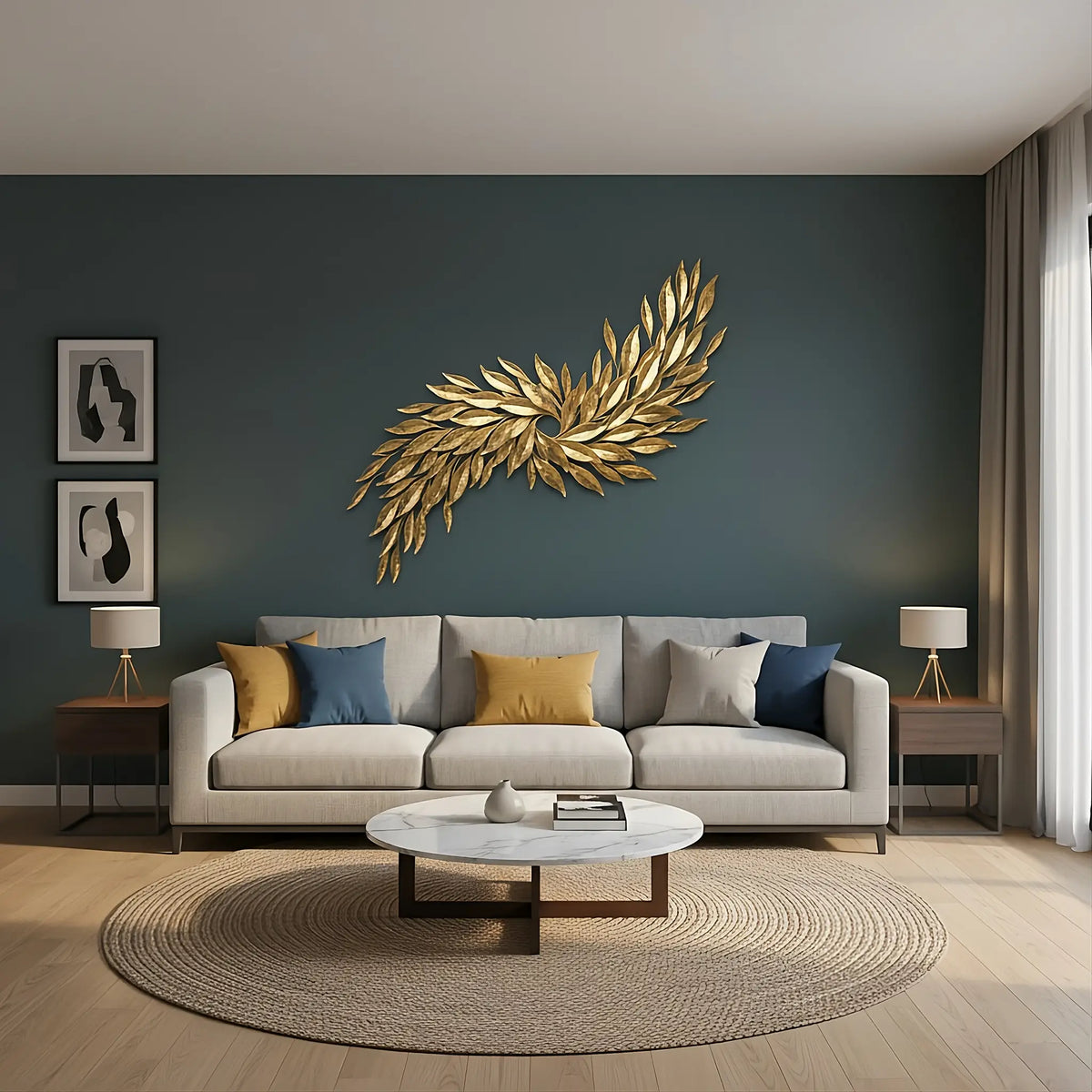 Hand-hammered Golden Fiesta wall sculpture by Marc Staples mounted on a dark teal wall above a neutral sofa, flanked by two side tables with lamps.
