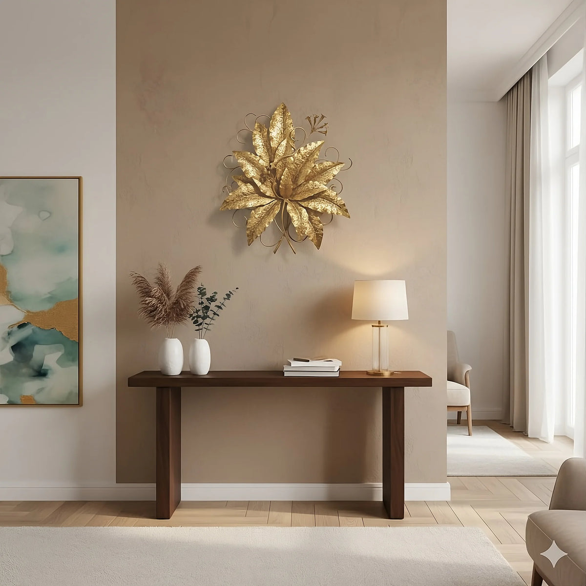 Golden Harvest by Marc Staples: A 24-inch hand-hammered steel tobacco leaf wall sculpture with a radiant gold finish and intricate artisan texture.