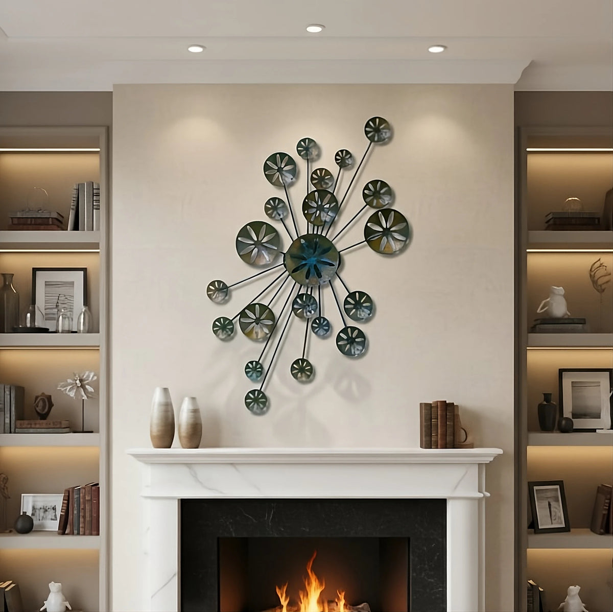 Abstract metal wall sculpture titled "Ocean Echoes" featuring a central, starburst design with multiple radiating rods connecting to various-sized circular elements. The sculpture has a patina finish with shades of teal, bronze, and dark blue, giving the discs a sand dollar or sea urchin-like appearance. The texture is rough and metallic, giving a dynamic, mid-century modern feel.