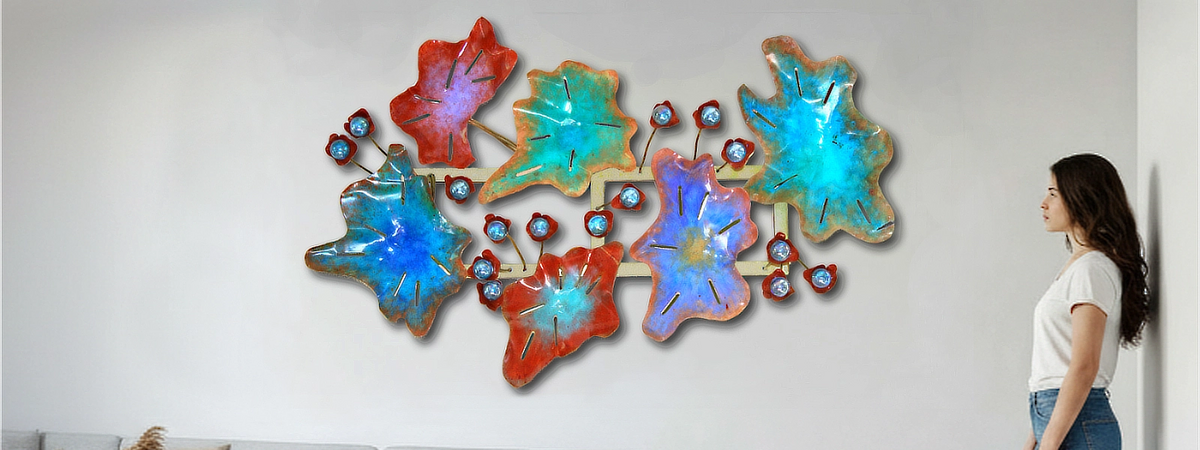 Lago Luna Metal Wall Sculpture: A large-scale abstract installation featuring vibrant, handcrafted metal shapes and original textures in an architectural setting.