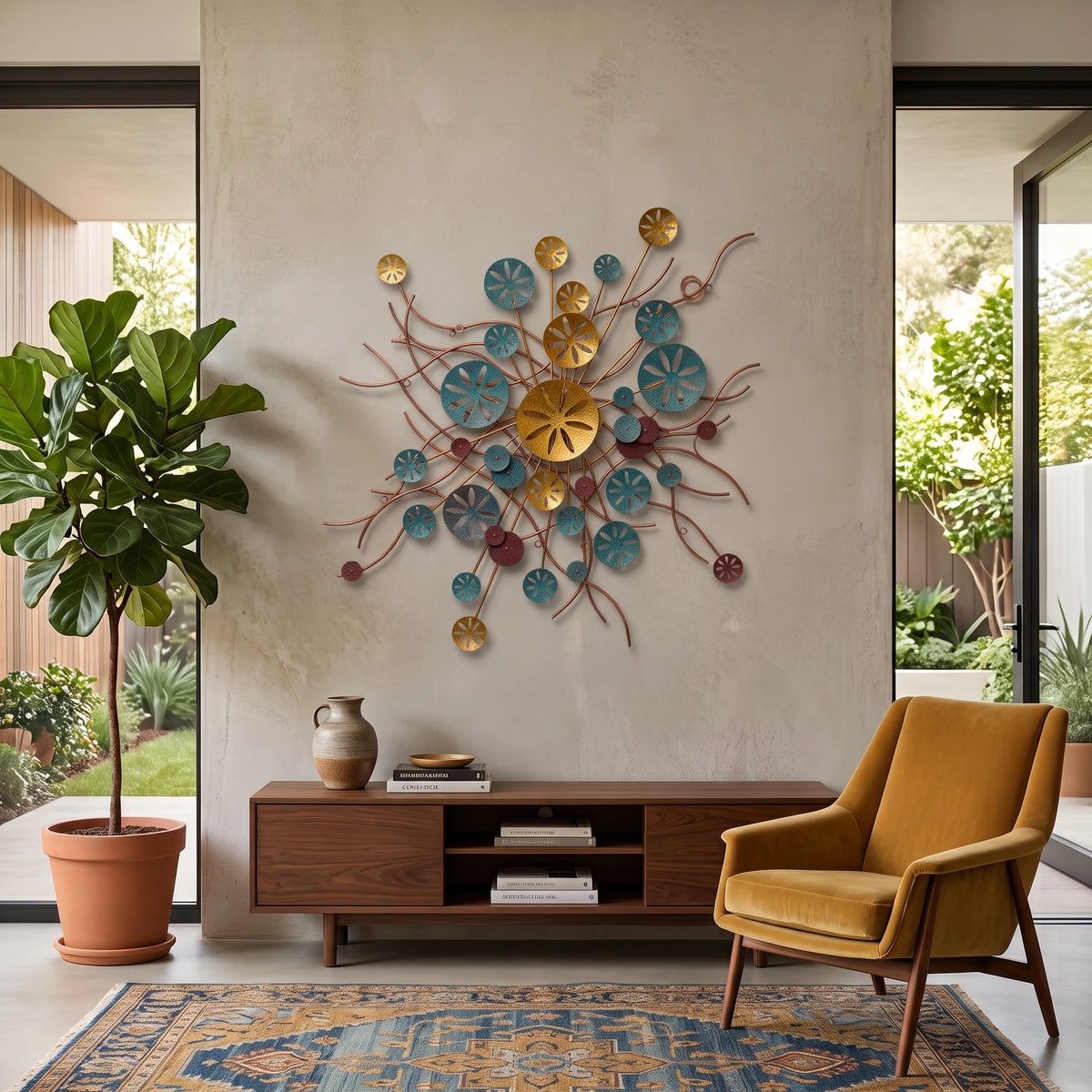 Tidal Rhythm Metal Wall Sculpture in a living room setting.