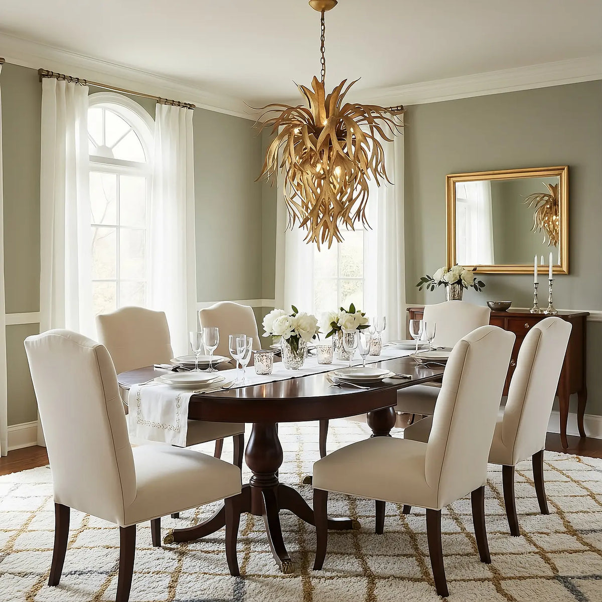 Luxury gold metal chandelier by Lago Luna Originals. The Casa Del Sol Staghorn Fern lighting fixture uses opaque metal to sculpt warm, glare-free light in a modern living space