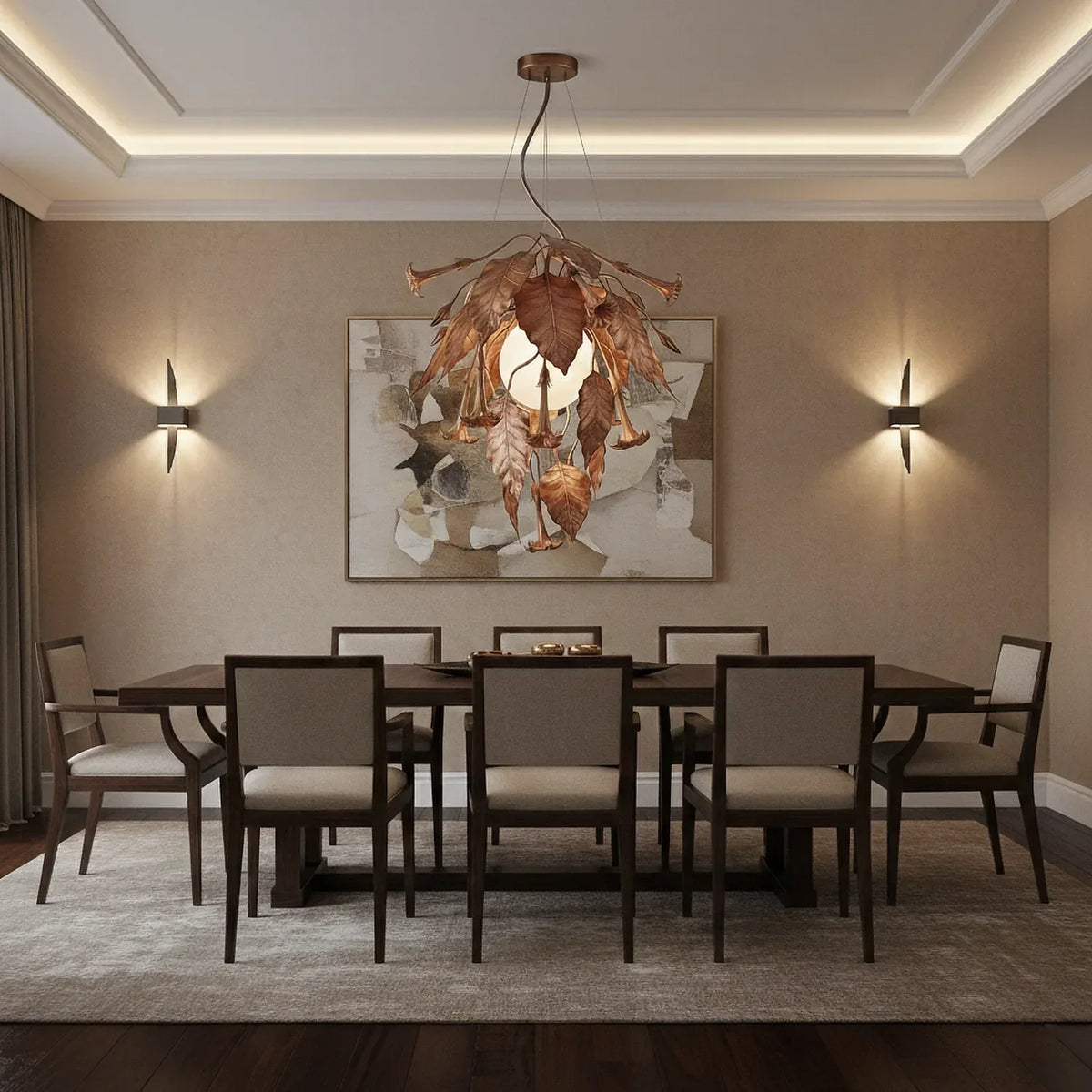 Hand-forged metal chandelier featuring a botanical Datura motif with copper-patina leaves and trumpet-shaped flowers, suspended over a dark wood dining table in a warm, elegantly lit room.