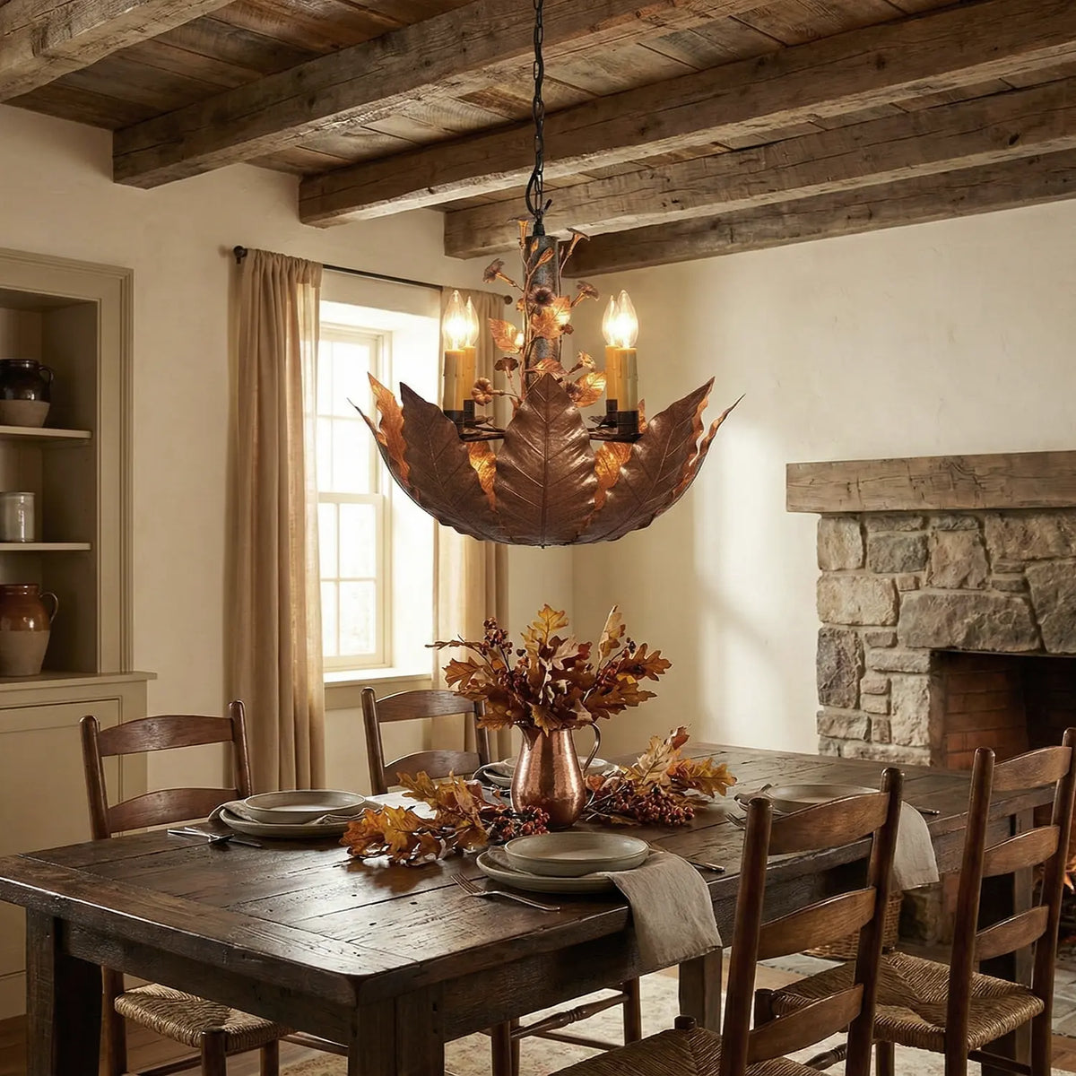 Aged Burley chandelier by Marc Staples in a rustic dining room. 