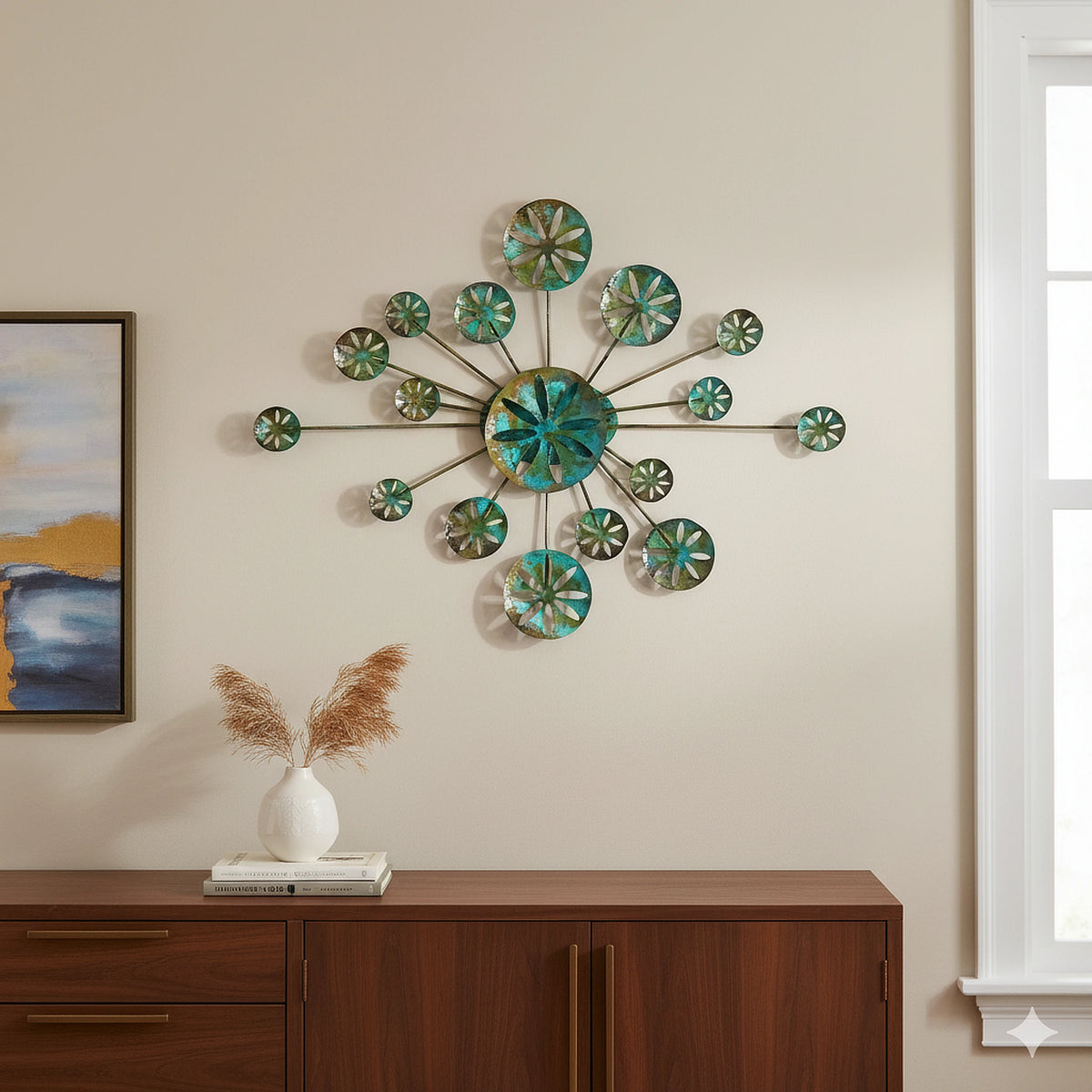 Ocean Whispers copper wall sculpture, featuring a green and blue patina that resembles the sea. The piece is adorned with various sizes of textured, sculpted sand dollars.