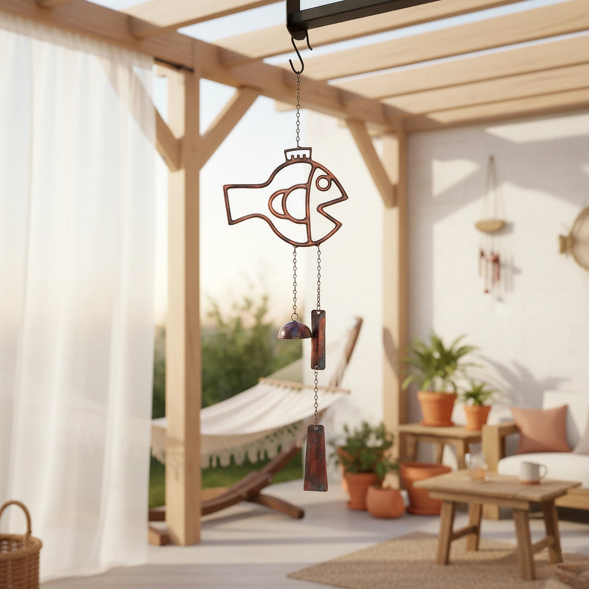 Off The Hook fish themed windchime handing in an elegant patio. 