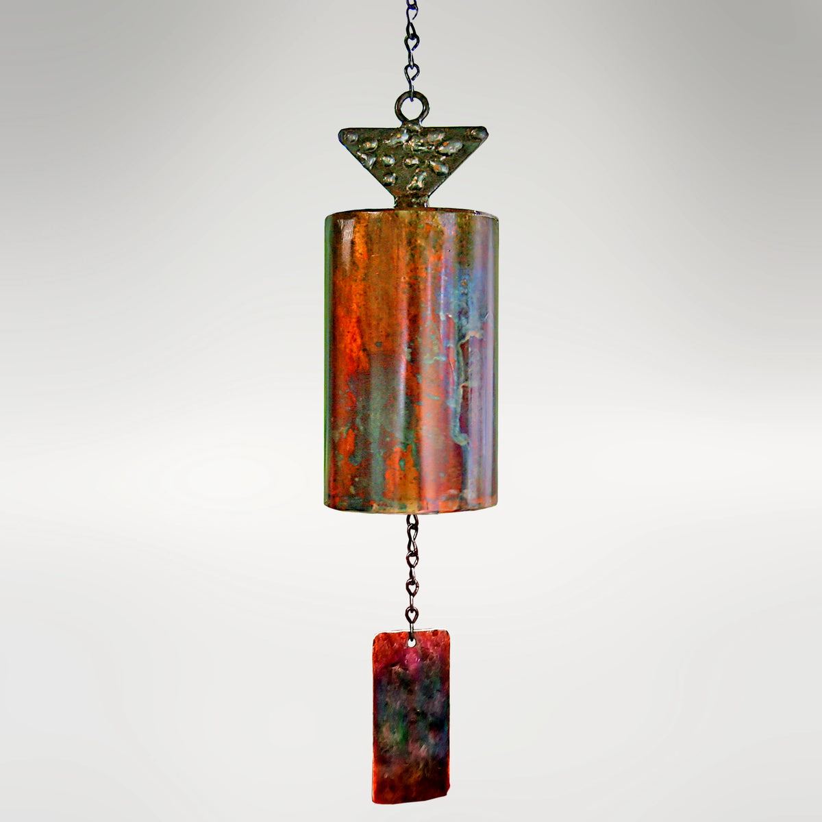 30-inch San Lorenzo Mission Bell by Marc Staples: A hand-forged steel acoustic sculpture with a torched-copper patina finish, featuring a signature monogrammed windsail.