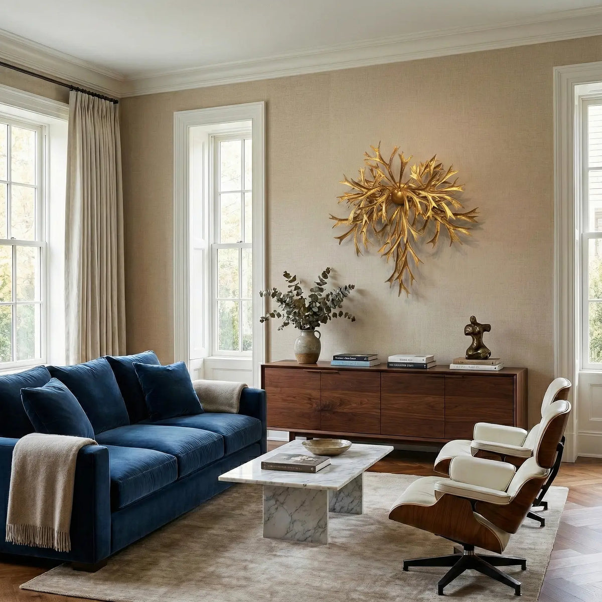 An upscale living room features a gold, staghorn-fern-inspired metal wall sculpture mounted above a mid-century modern wooden sideboard. The organic sculpture, a key piece in a new movement for art in metal mediums, serves as a central focal point on a neutral, textured wall.
