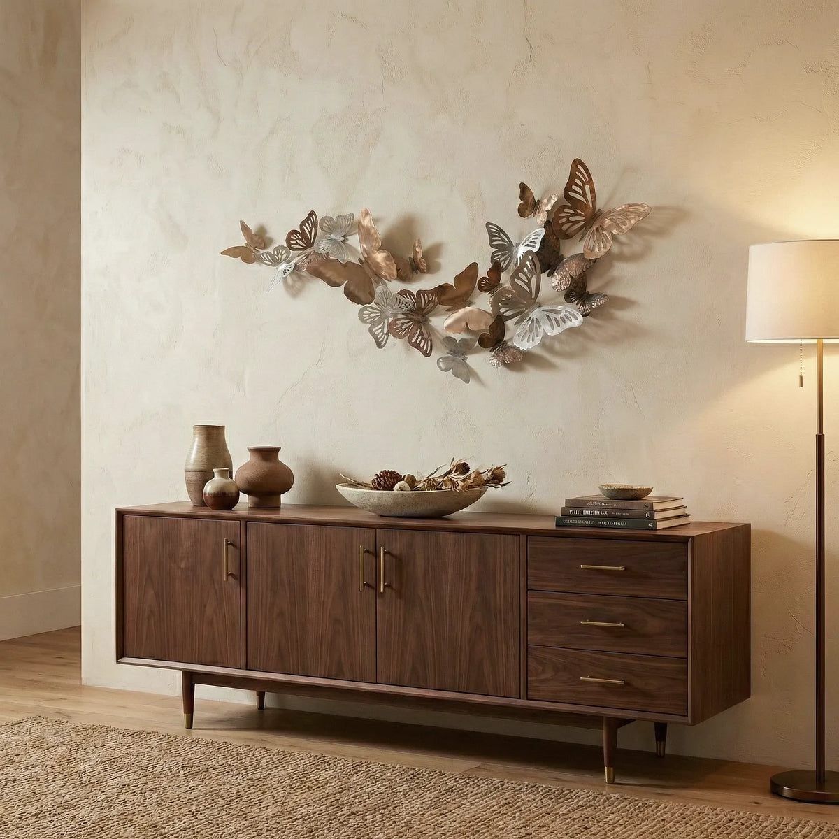 Decorative butterfly wall art over a wooden sideboard within a room. setting.