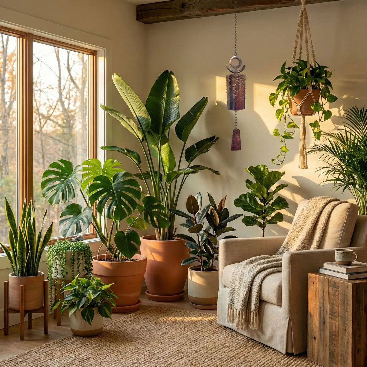 An indoor nature retreat featuring the San Agustin Mission Wind Bell and tropical plants. 