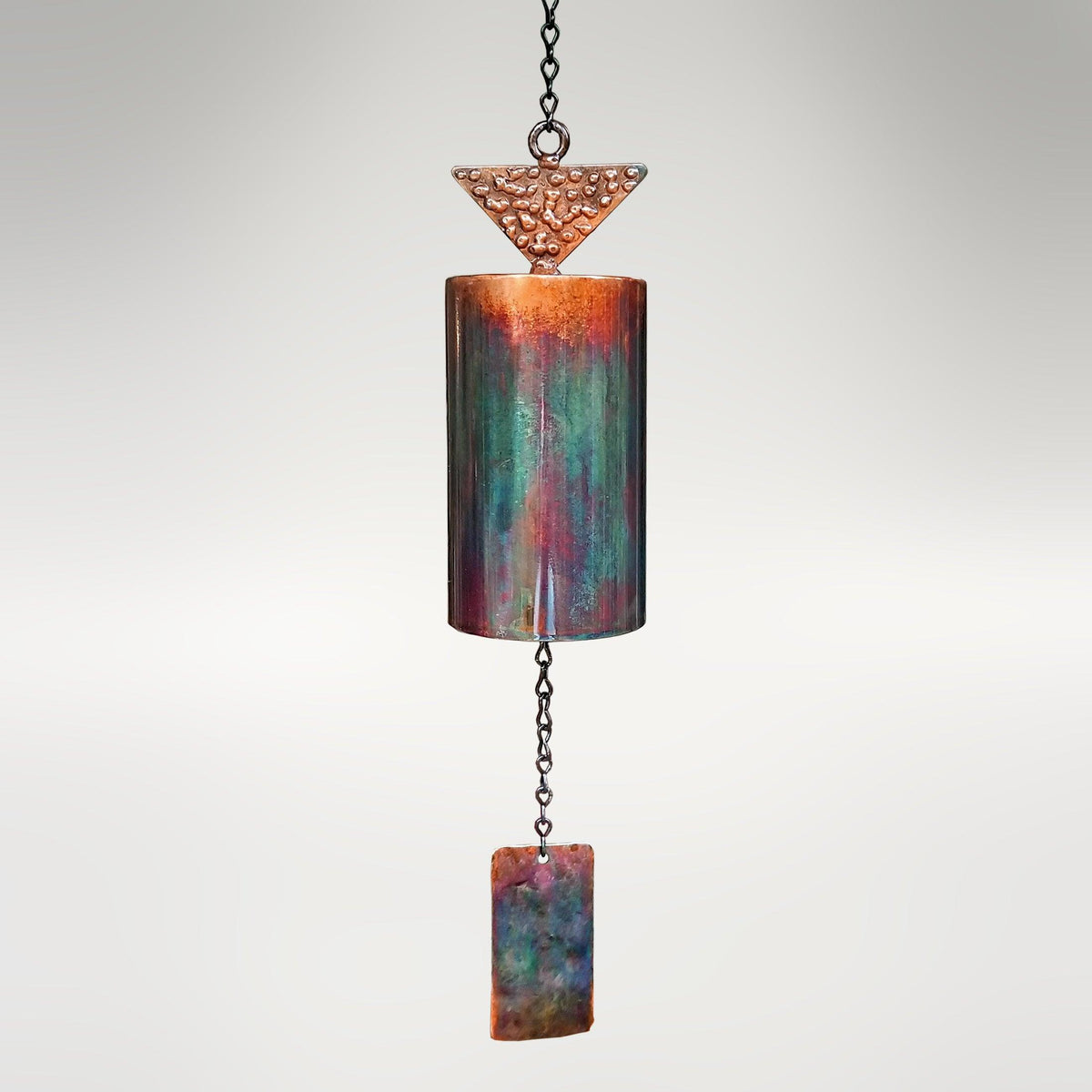 30-inch Grandé San Lorenzo Mission Bell by Marc Staples: A large-scale hand-forged steel sound sculpture with a vibrant torched-copper patina and monogrammed sail.