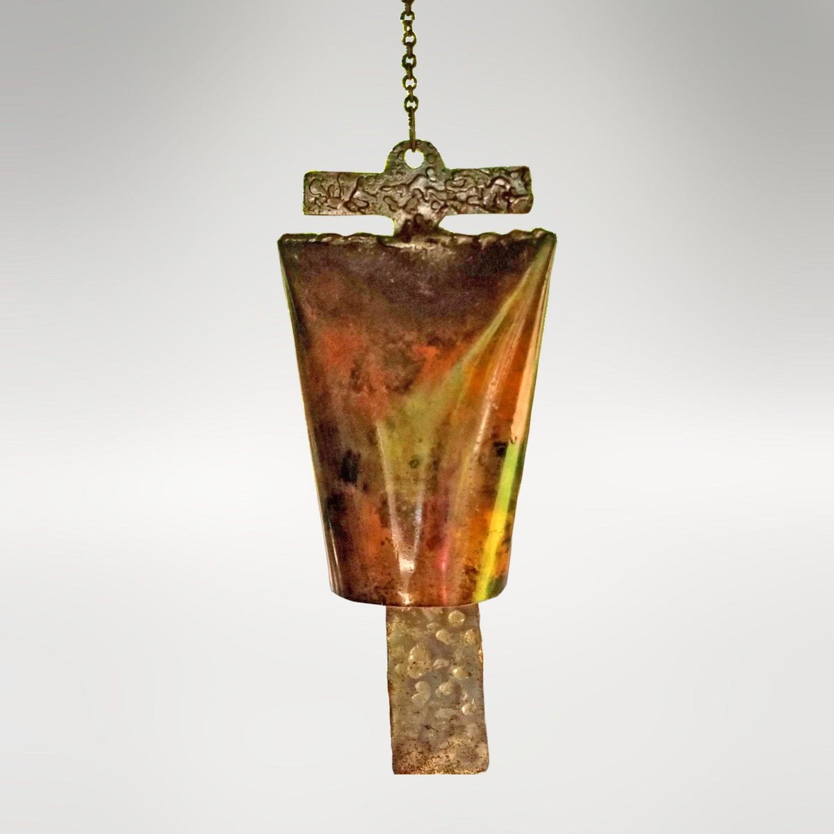 1-inch San Estevan Mission Bell by Marc Staples: A hand-forged steel sound sculpture with a rustic torched-copper patina, inspired by the 1629 mission at Acoma Pueblo.