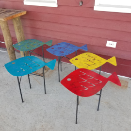 Patio Tables in the shape of a flounder. Available at the Lago Luna Metal Art Studio 